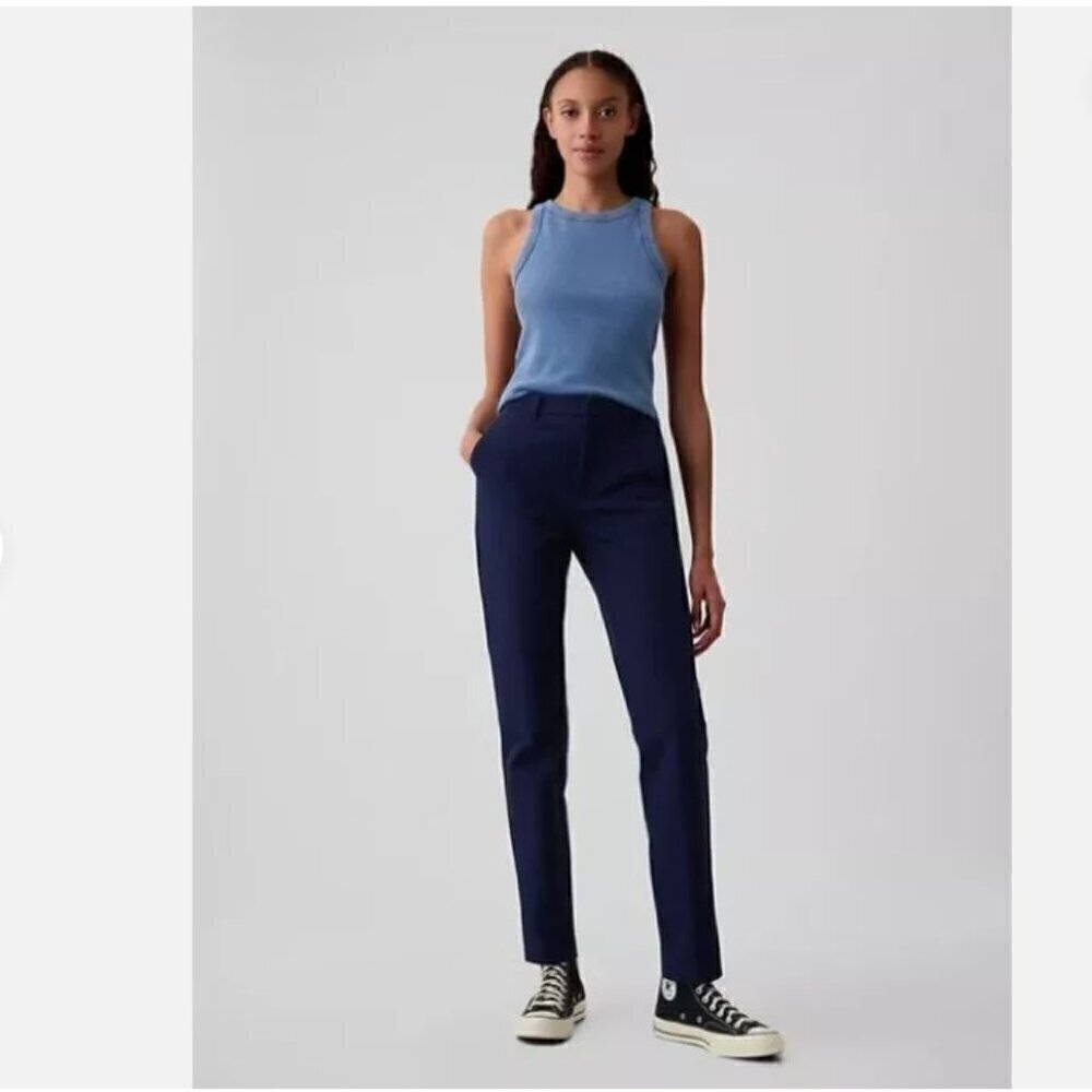 GAP Mid Rise Slim Straight Pants Navy Blue Stretch 0 PETITE Work Casual NWT $70